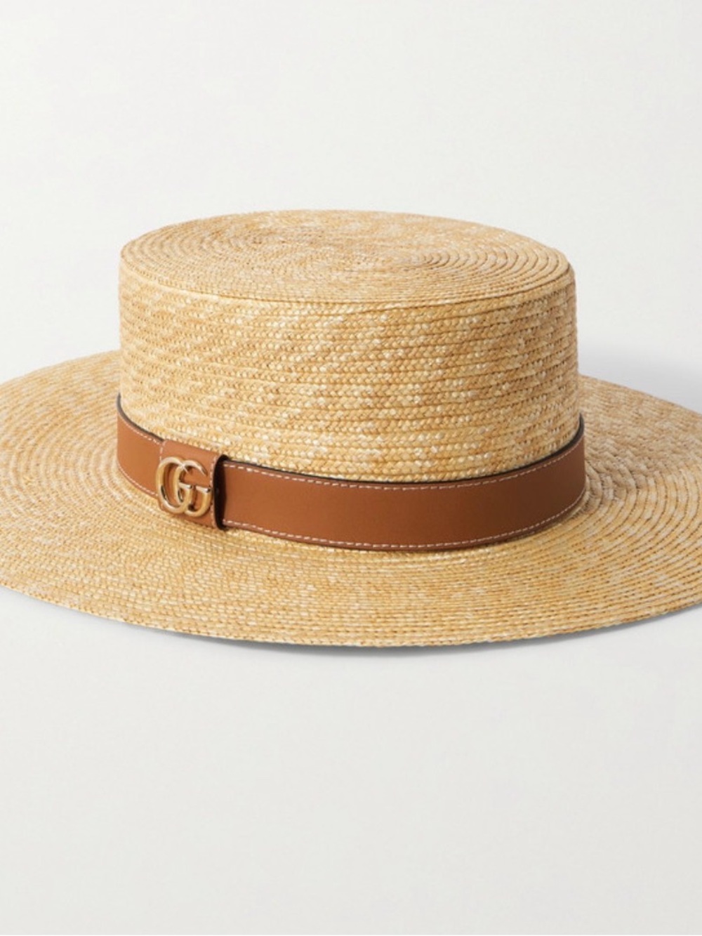 Gucci Natural Straw Boater Hat with Brown Leather Band and Gold GG